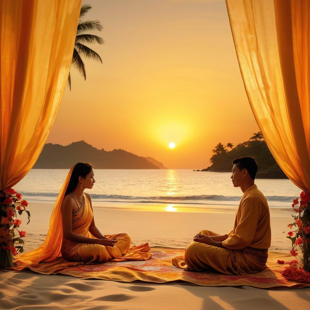 A serene sunset over a traditional Burmese landscape, showcasing a couple enjoying a quiet moment on a golden beach, surrounded by lush tropical flora and vibrant lotus flowers. Include traditional Burmese motifs in the sand and soft silk drapes fluttering in the breeze. Capture the essence of sensuality and tranquility in the scene. super-realistic. vibrant colors. tropical theme.