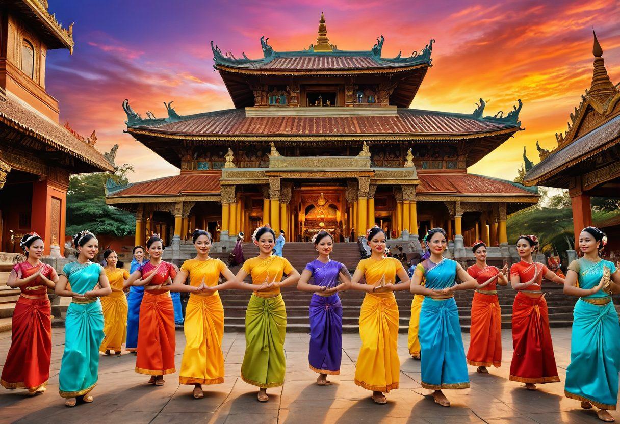 A vibrant and colorful depiction of traditional Burmese cultural elements, featuring joyous festivities with local dancers in traditional attire, surrounded by ornate temple architecture. Include playful scenes symbolizing adult entertainment, like social gatherings and laughter, all under a warm sunset sky. Emphasize a sense of happiness and celebration in the composition. super-realistic. vibrant colors. 3D.