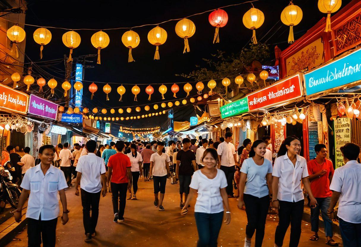 A vibrant street scene in Myanmar showcasing a lively adult entertainment atmosphere, featuring colorful neon lights, smiling faces, and whimsical decorations. Incorporate traditional Burmese elements like pagodas and street food stalls intertwined with modern entertainment vibes. Show a festive night with people dancing and enjoying shows, highlighting the cheerful essence of fun. super-realistic. vibrant colors. nighttime setting.